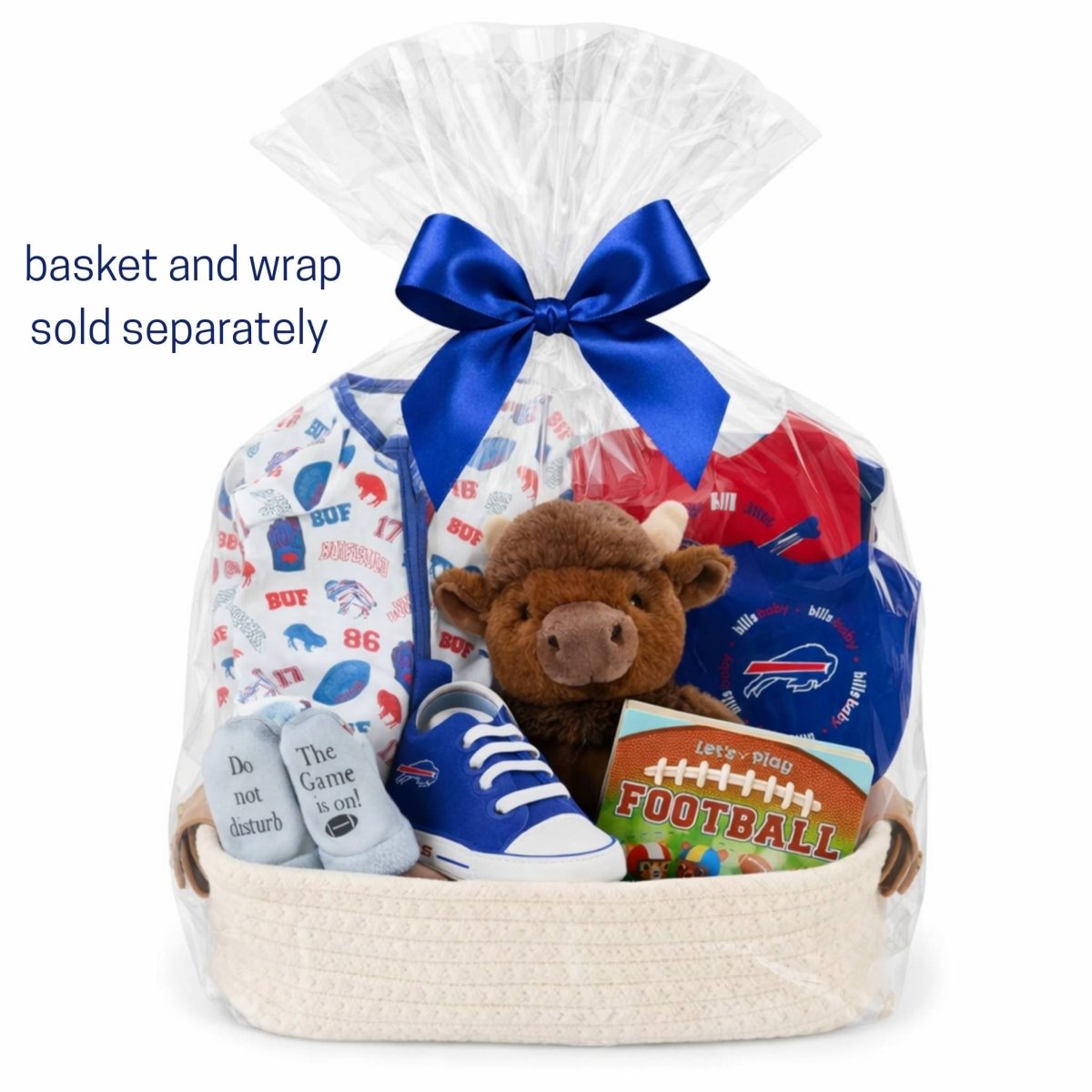 Baby Buffalo Bills Football Gift Basket Bundle wrapped in cellophane with blue ribbon on a white background. 