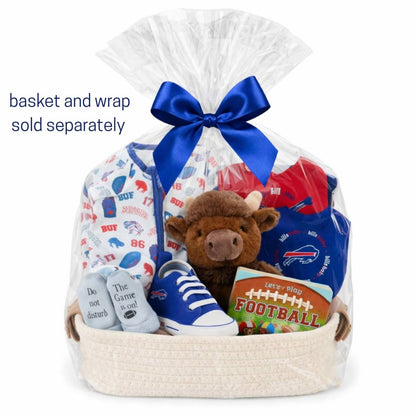 Baby Buffalo Bills Football Gift Basket Bundle wrapped in cellophane with blue ribbon on a white background. 