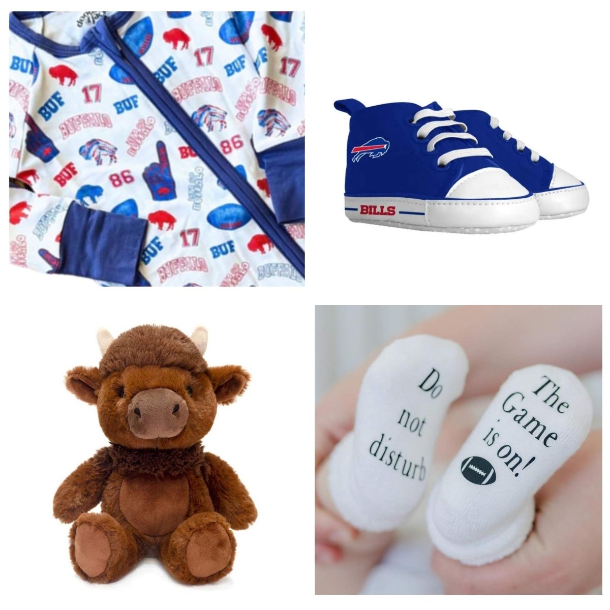 Close up of baby bamboo buffalo football sleeper, plush buffalo toy, Buffalo Bills baby shoes, and Football baby socks on a white background.