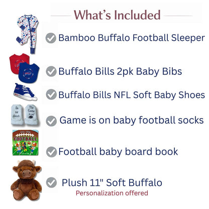 Baby Buffallo Bills Football Gift Bundle what is included list with images on a white background. 