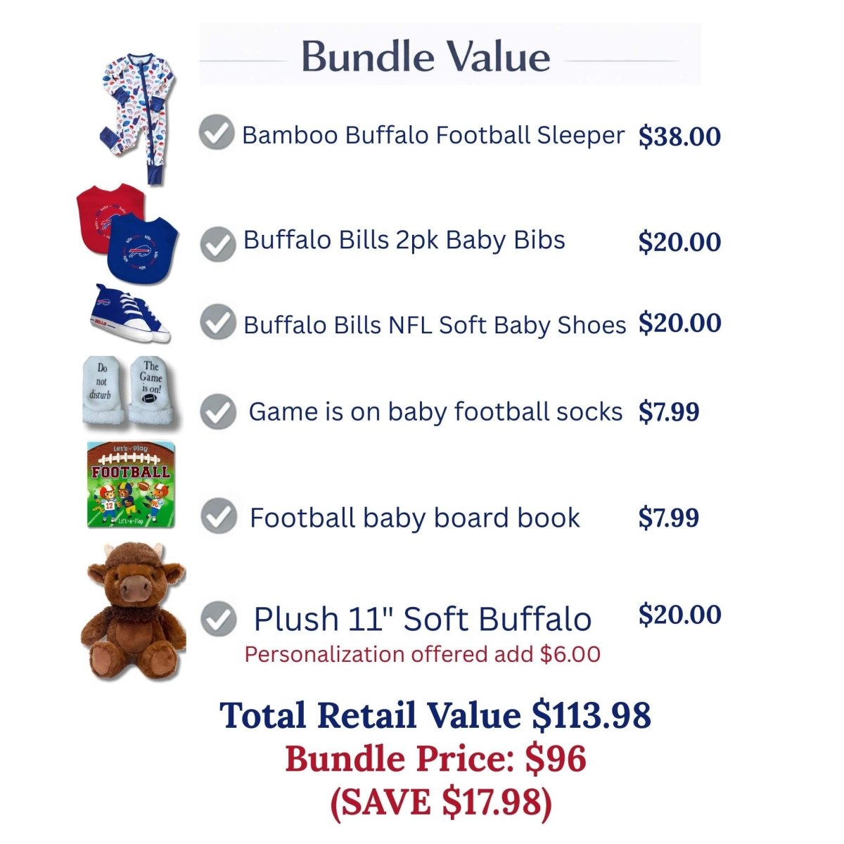 Baby Buffalo Bills Football Gift Bundle Value price list on a white background.