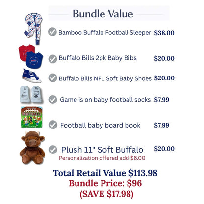 Baby Buffalo Bills Football Gift Bundle Value price list on a white background.