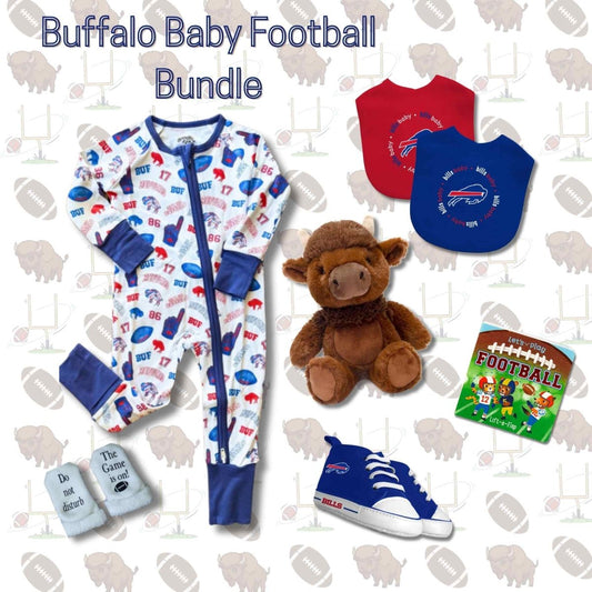 Baby Buffalo Bills Football 6 piece gift set bundle with sleeper, bibs, plush, book, socks, and shoes on a buffalo football faded background. Little Gift Nook