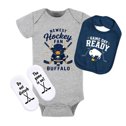 Baby gray and navy buffalo hockey theme onesie, bib, and socks bundle set on a white background.