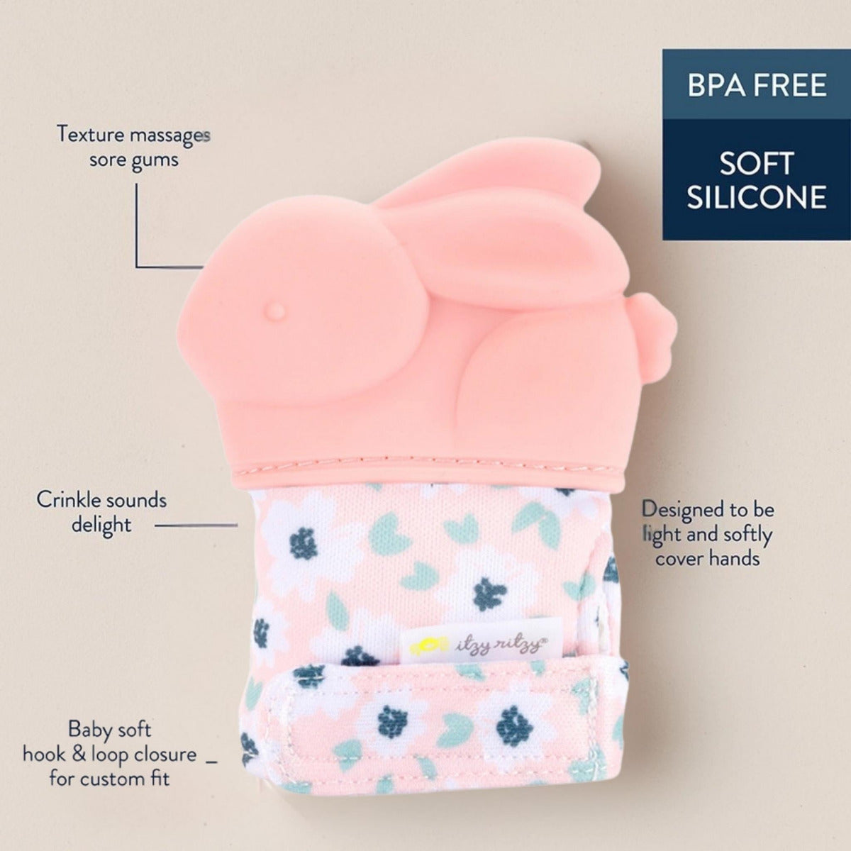 Pink baby bunny theme teething mitt details and specifications on a tan background.