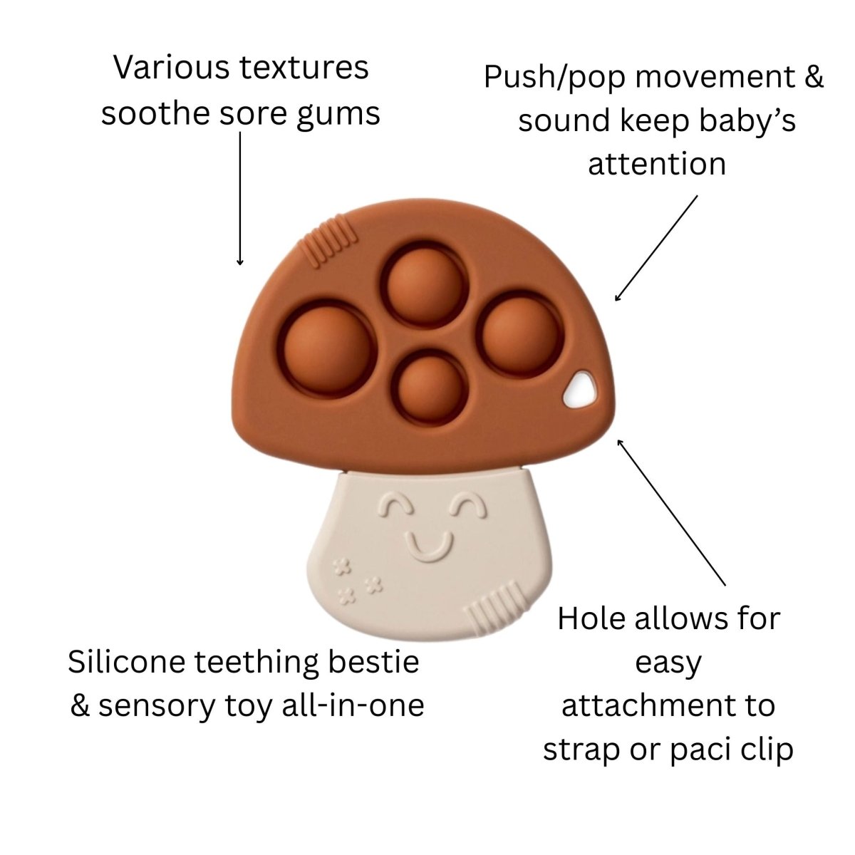 Mushroom push pop sensory teething toy details on a white background. Little Gift Nook