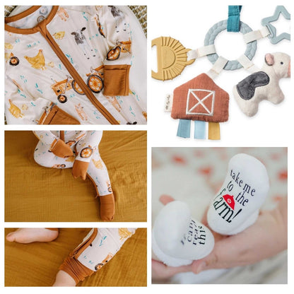 Close up of baby gift bundle sleeper, teether plush toy, and socks. Little Gift Nook