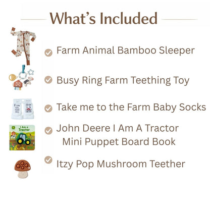 List of Farm theme baby gift bundle what is included. Little Gift Nook