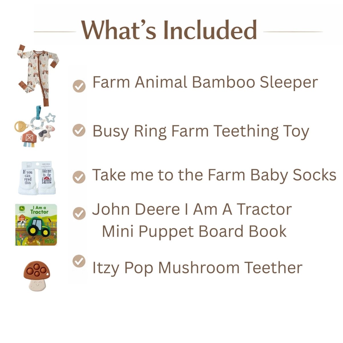 List of Farm theme baby gift bundle what is included. Little Gift Nook