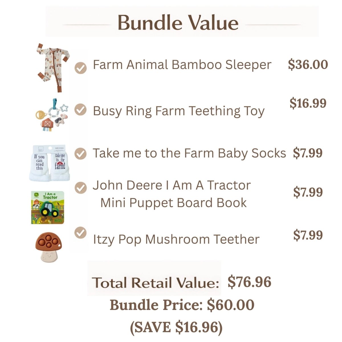 List of items included in farm baby bundle gift set and prices. Little Gift Nook