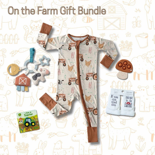 Baby farm theme gift bundle, sleeper, teether, John Deere book, socks, cow toy teether ring on a farm theme background Little Gift Nook 