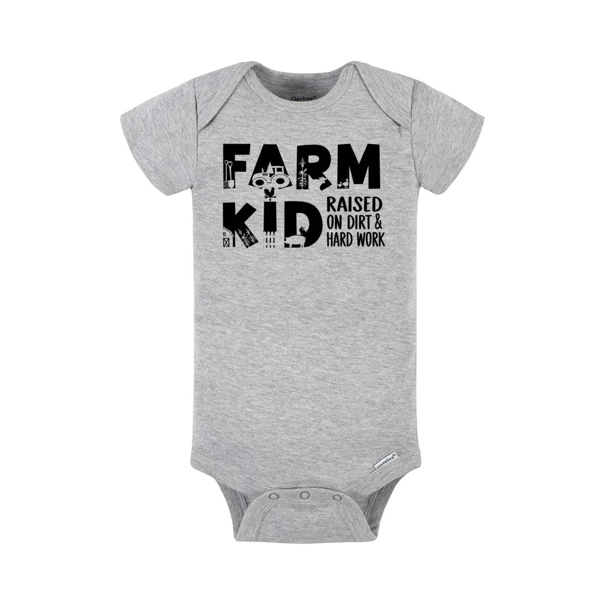 Heather gray "Farm Kid" baby onesie with farm theme icons in each letter and "raised on dirt & hard work" text on front laying on a white background.