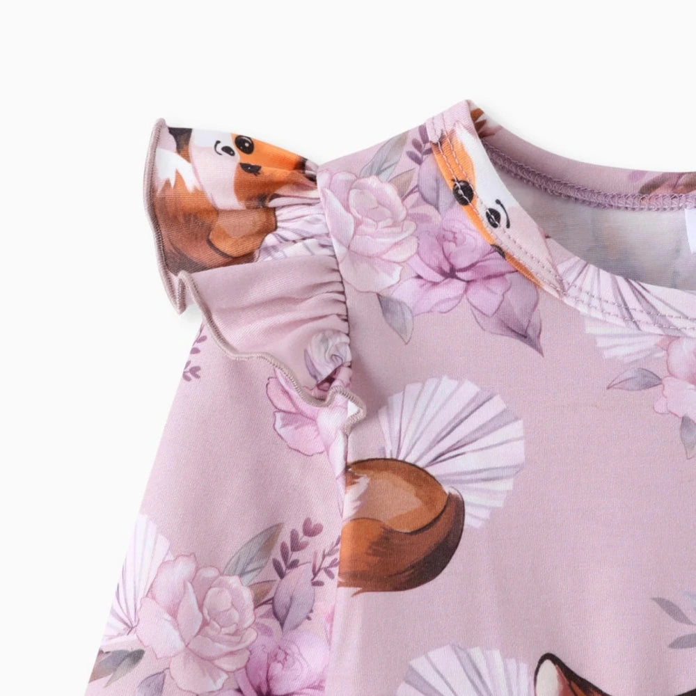 Baby girl lavender 2pcs Fox print top and deep orange. Close up of top with ruffle edge shoulder. Little Gift Nook.