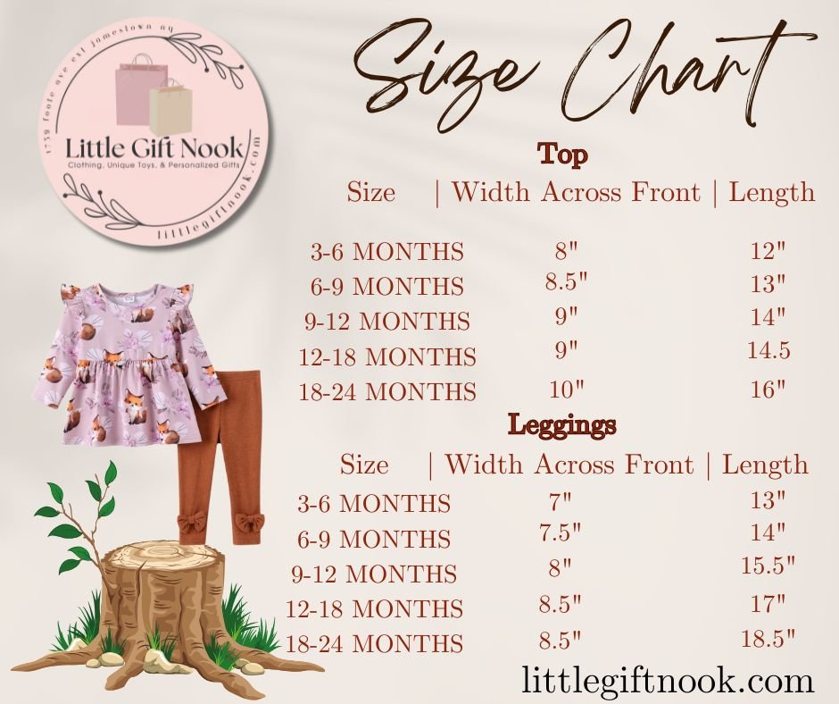 Size chart for Lavender Fox Baby Girl top and bow leggins set.