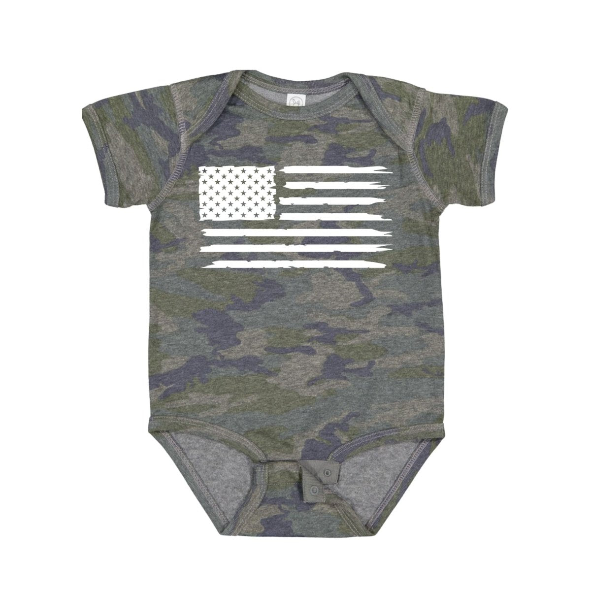 Green and navy baby camo bodysuit with white american flag on front laying on white background.