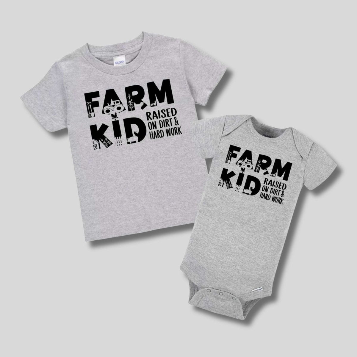 Heather gray kids t-shirt and baby onesie with "FARM KID Raised on dirt and hard work" on front with farm theme icons in each letter sitting on light gray background.