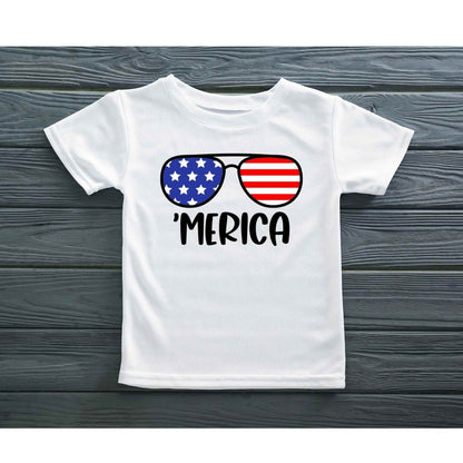 white toddler kids tshirt with red blue stars and stripes sunglasses and 'MERICA" in black text - Little Gift Nook