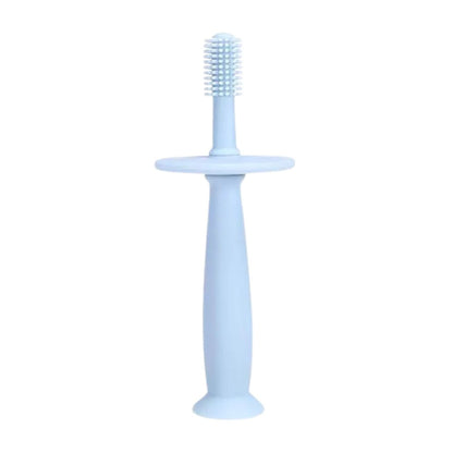 ToothieBrush Baby & Toddler Toothbrush in Blue with choking stopper standing on white background.