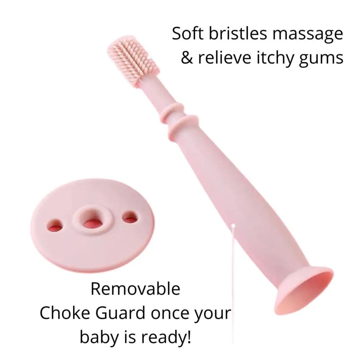 ToothieBrush Baby & Toddler Toothbrush with removable guard shown in pink with details on a white background.