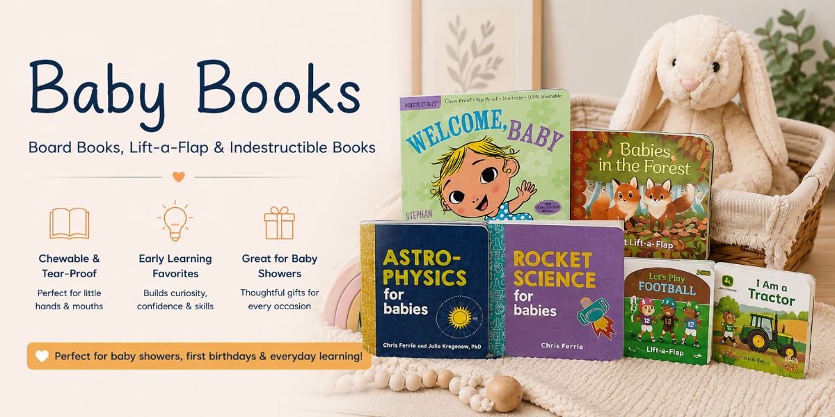 A set of colorful baby board books displayed next to a plush white bunny in a woven basket on a beige blanket. The books include titles such as 'Welcome to Baby', 'Astro Physics for Babies', 'Rocket Science for Babies', 'Babies in the Forest', 'Football', and 'I am a Tractor'.