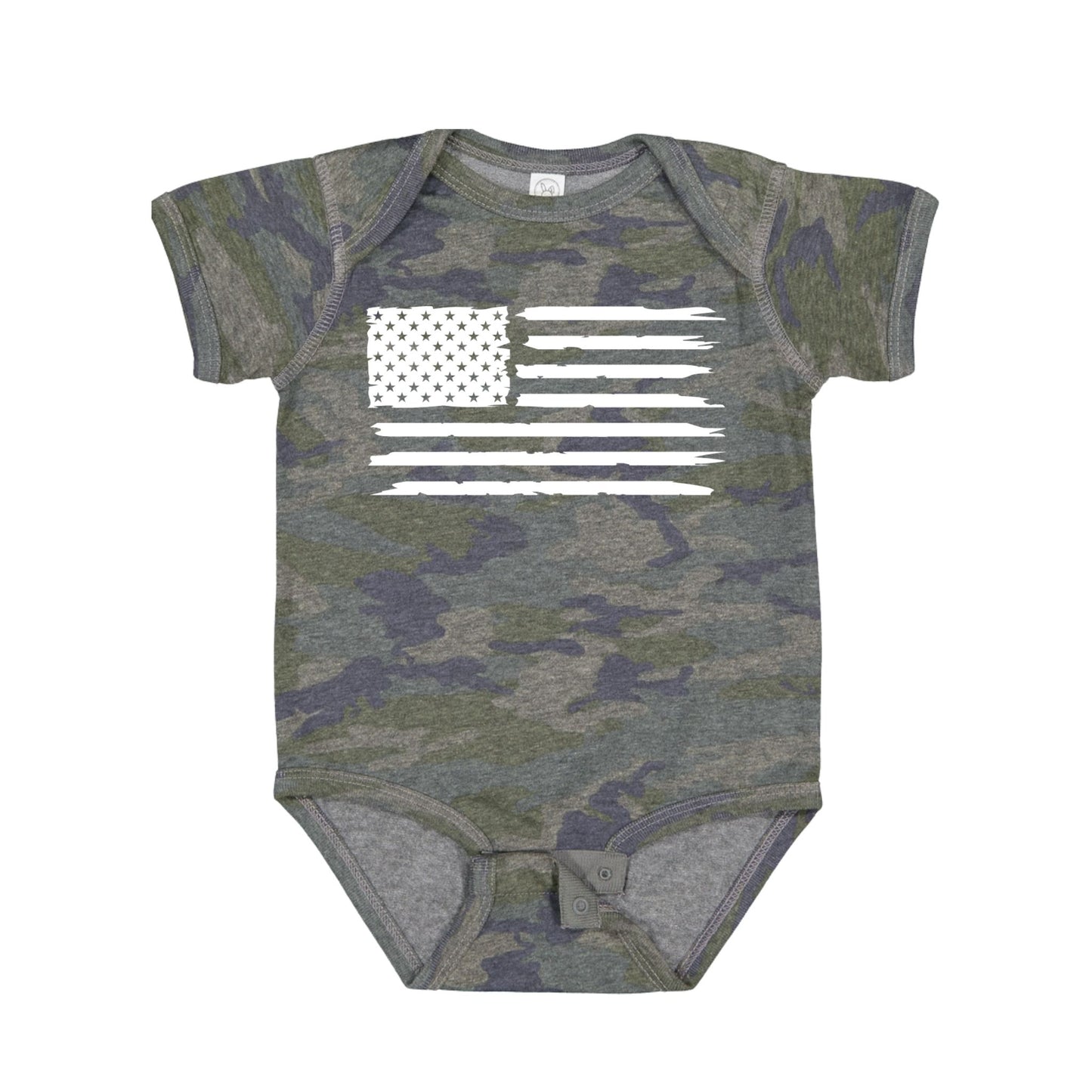 Baby distressed green navy camo white USA flag onesie bodysuit with snaps - Little Gift Nook