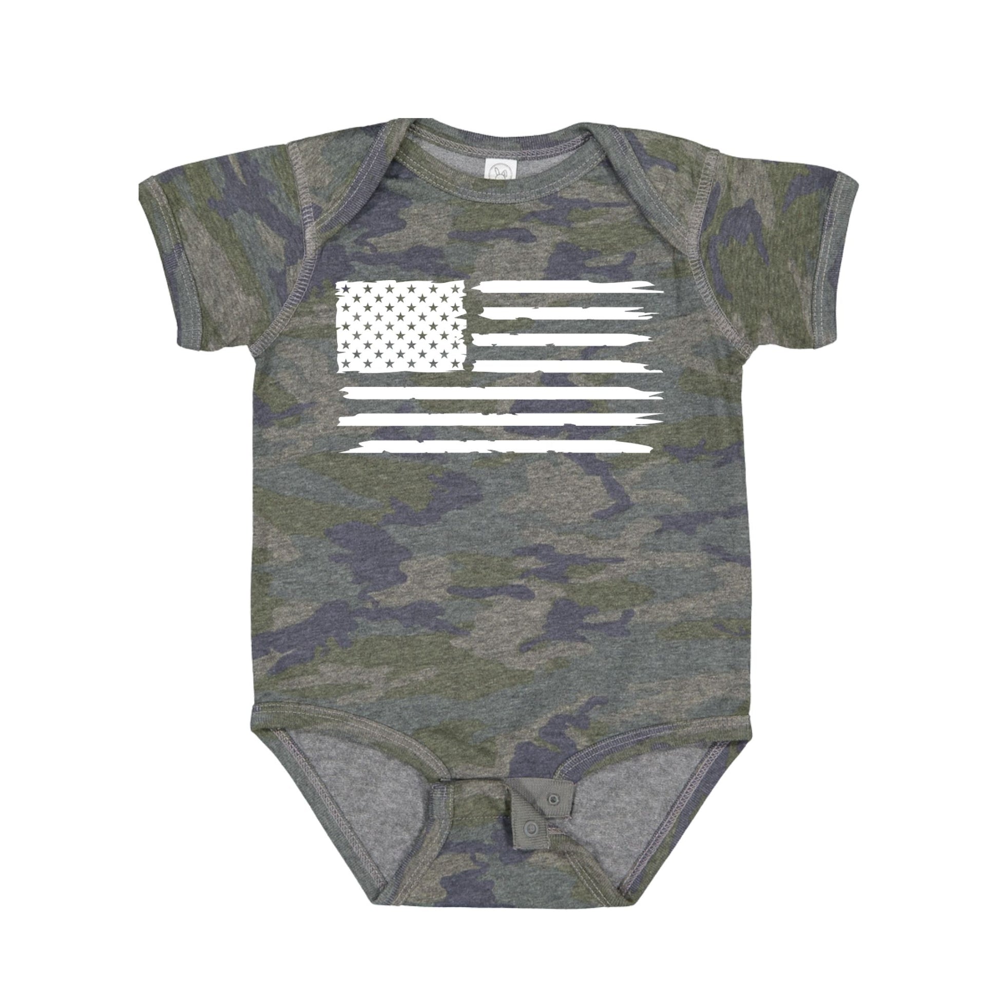 Baby distressed green navy camo white USA flag onesie bodysuit with snaps - Little Gift Nook