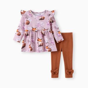 Lavender 2pcs Fox Top and Bow Leggings Set - Little Gift Nook