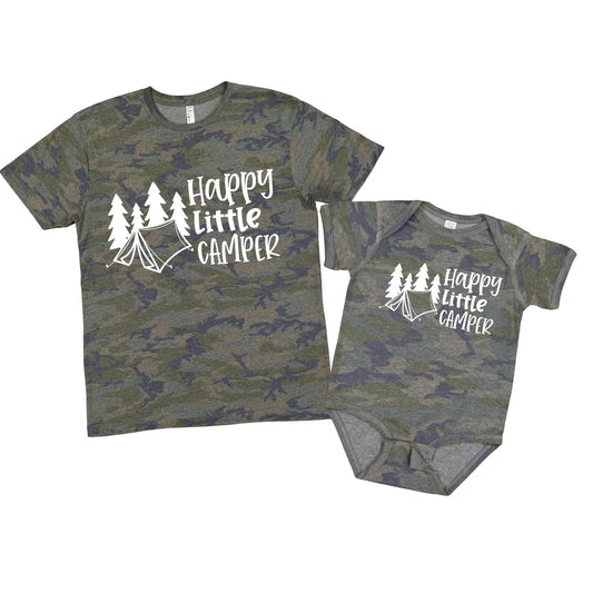 Camo “Happy Little Camper” Baby Onesie or Toddler T-Shirt - green navy camo print short sleeve tshirts and onesies with white lettering and tent trees on front - Little Gift Nook