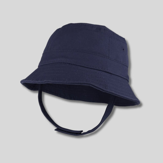 baby navy bucket hat with velcro chin strap - shown on gray background. - Little Gift Nook