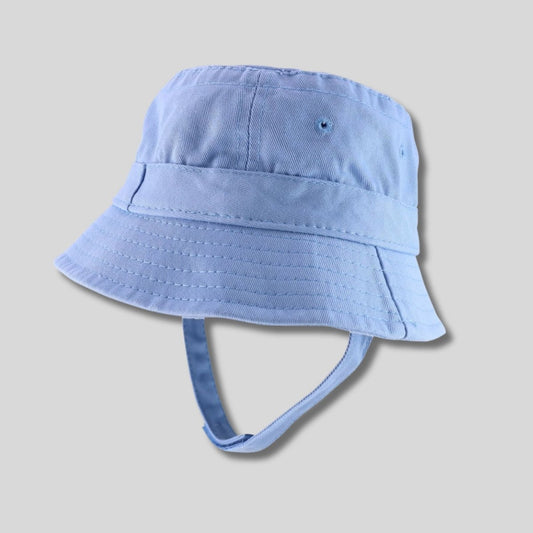 baby blue bucket hat with velcro chin strap - shown on gray background. - Little Gift Nook