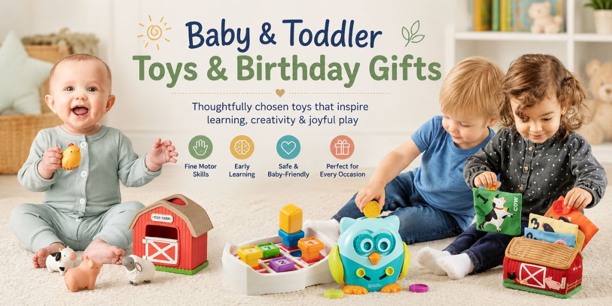 A promotional banner for baby and toddler toys and birthday gifts, featuring a baby in a light blue outfit holding a toy and two toddlers sitting on the floor playing with colorful wooden toy houses and an owl-shaped toy. The text reads 'Baby & Toddler Toys & Birthday Gifts' with several feature icons below.