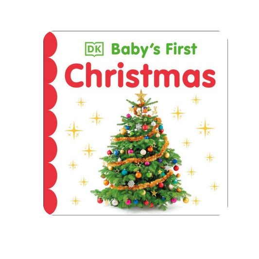 Book cover of 'Baby's First Christmas' with a decorated Christmas tree on front with soft cover and rounded edges on white background.