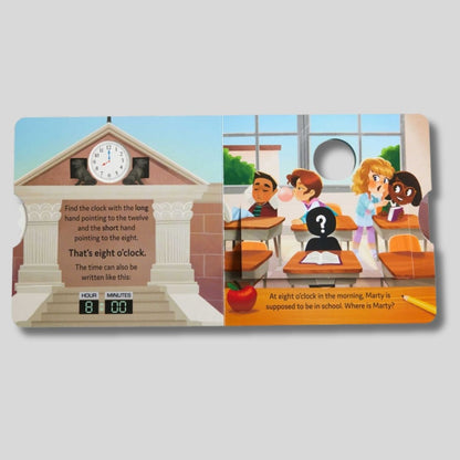 Children's book titled 'Telling Time with Marty McFly' from Back to the Future 8 am in school illustration with clock showing 8 o'clock. 