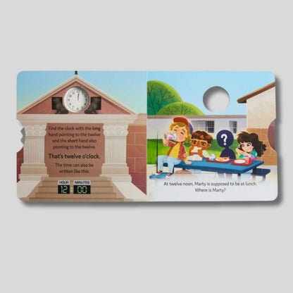 Children's book titled 'Telling Time with Marty McFly' from Back to the Future 12 noon lunch time illustration with clock showing 12 o'clock. 