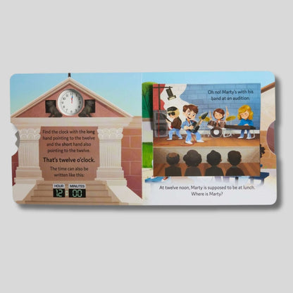 Children's book titled 'Telling Time with Marty McFly' from Back to the Future band audition illustration with clock showing 12 o'clock. 