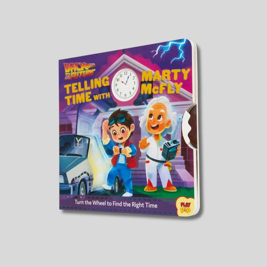 Children's book titled 'Telling Time with Marty McFly' from Back to the Future on a gray background.