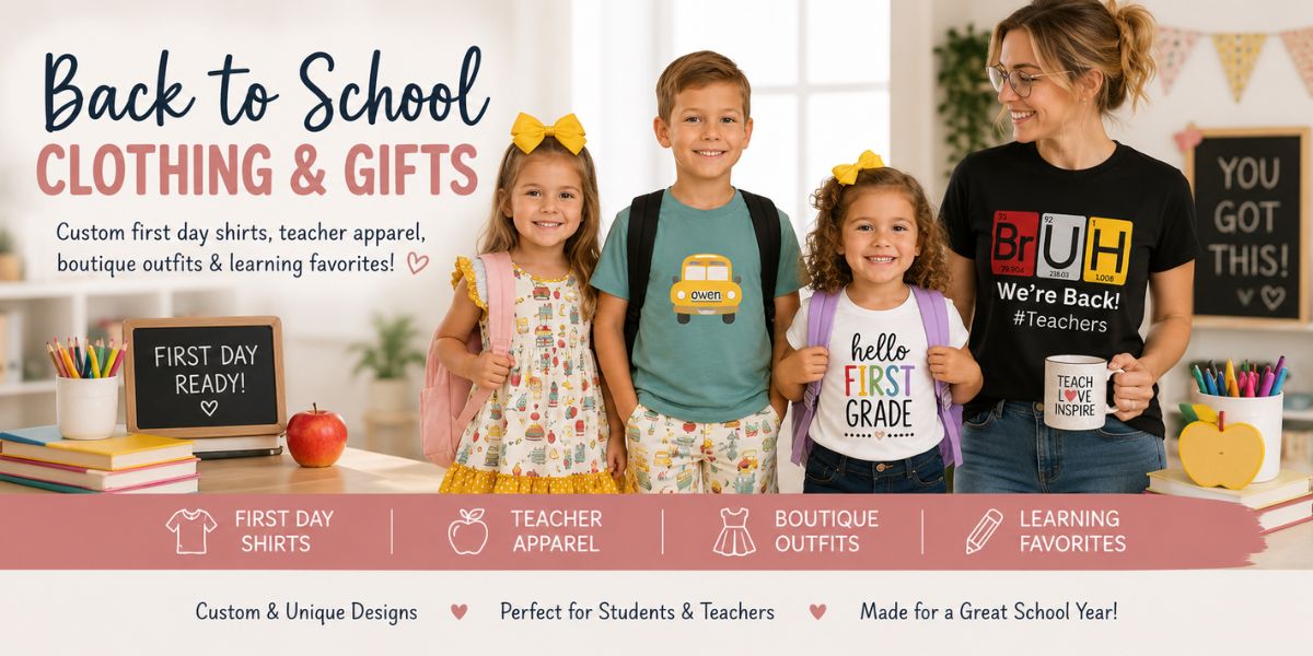 A promotional banner for back-to-school clothing and gifts featuring four children and a woman in a classroom-like setting. Large text reads 'Back to School Clothing & Gifts,' with smaller promotional copy about custom first day shirts, teacher apparel, boutique outfits, and learning favorites.
