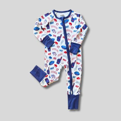Let's Go Bamboo Buffalo Zippy Sleeper. White royal blue sleeper with fold over cuffs on hands and feet. Has BUF and red buffalo print along with 17 and 86, number 1 finger print.