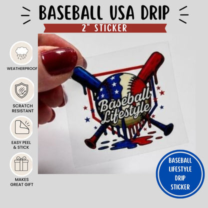 Baseball USA Drip 2" Sticker with hand holding it, showing features like weatherproof, scratch-resistant, easy peel & stick, and makes a great gift.