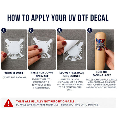 Step-by-step guide on how to apply a UV DTF baseball drip sticker decal with images and text instructions.
