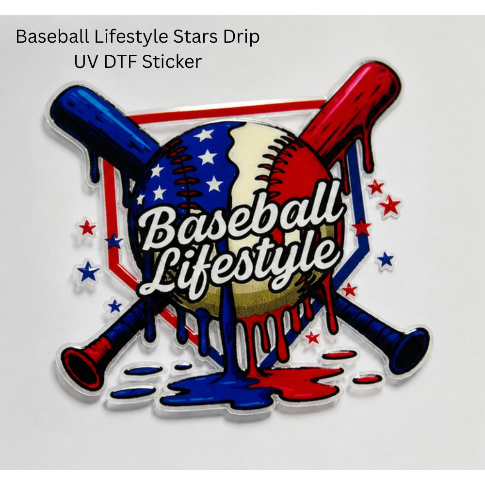 Baseball-themed sticker with crossed bats and American flag design with drip on a white background