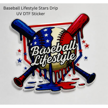 Baseball-themed sticker with crossed bats and American flag design with drip on a white background