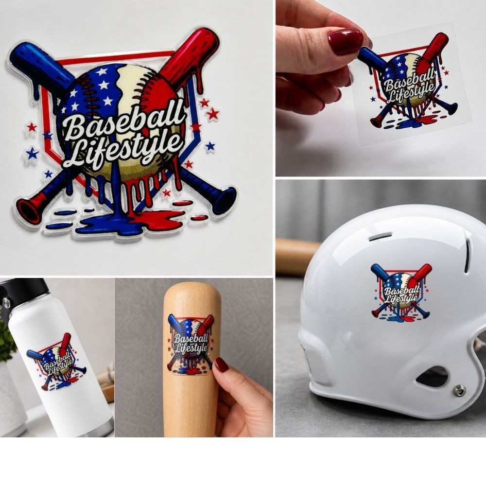 Collage of 'Baseball Lifestyle' drip sticker applied to various items including a helmet, water bottle, and tattoo.