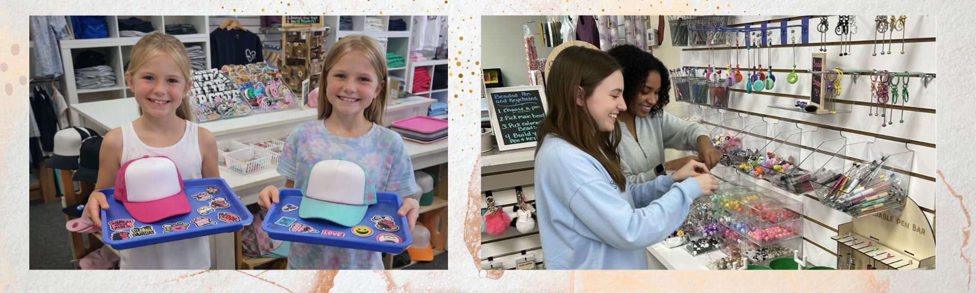 Children holding trays with hat and patches at Patch Bar and Girls building with beads at Bead Bar in the Little Gift Nook.