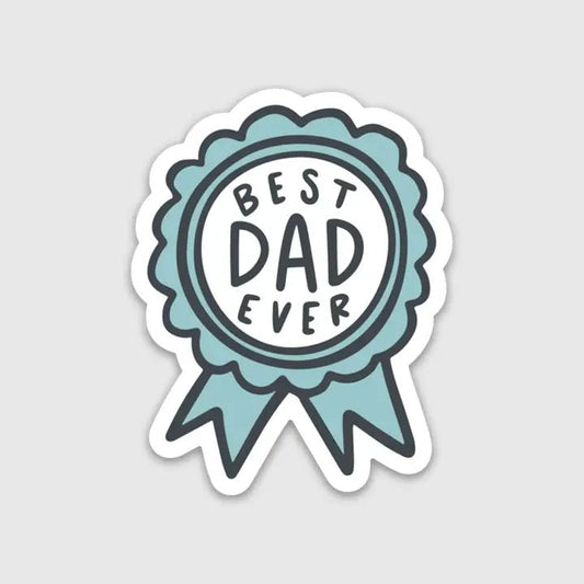 blue ribbon image sticker with "Best DAD ever" on front on gray background. Little Gift Nook
