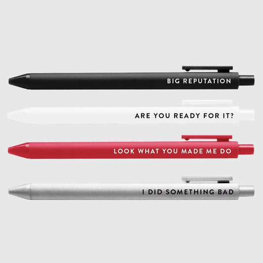 Big Rep Swiftie Pen Set of 4 black ink gel pens black in white, red, black, and silver with lyrics on each sitting on light gray background.  - Little Gift Nook