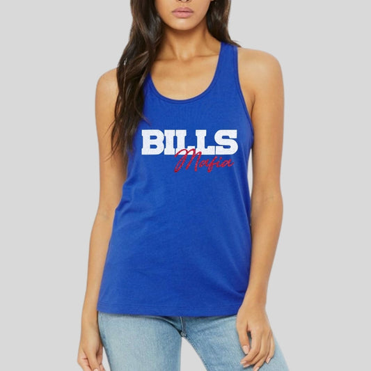 woman wearing royal blue BILLS Mafia glitter tank top standing on gray background. Little Gift Nook