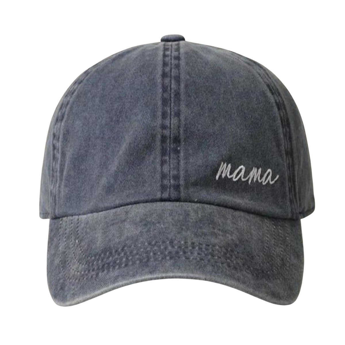 Black embroidered cursive mama baseball hat sitting on white background.