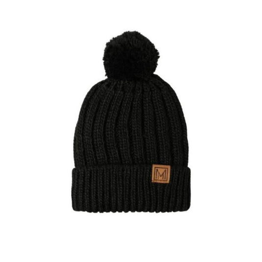 Black Winter Knit Sherpa Lined Pom Pom Adult Beanie Hat on a white background.