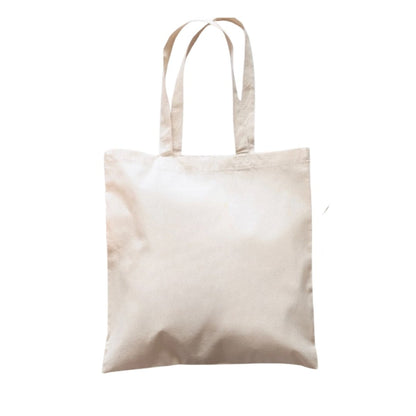 Beige blank custom tote bag on white background. Little Gift Nook
